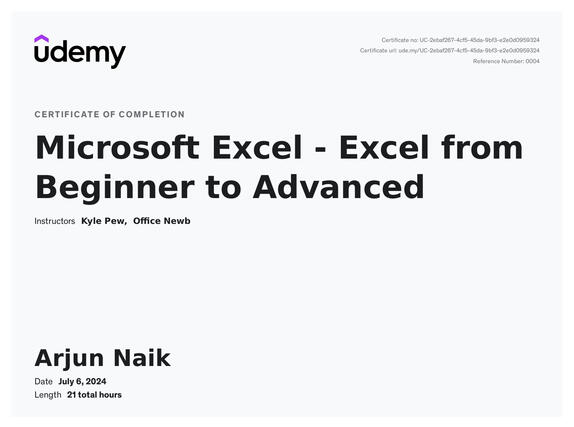 Advance Excel Certificate by Udemy