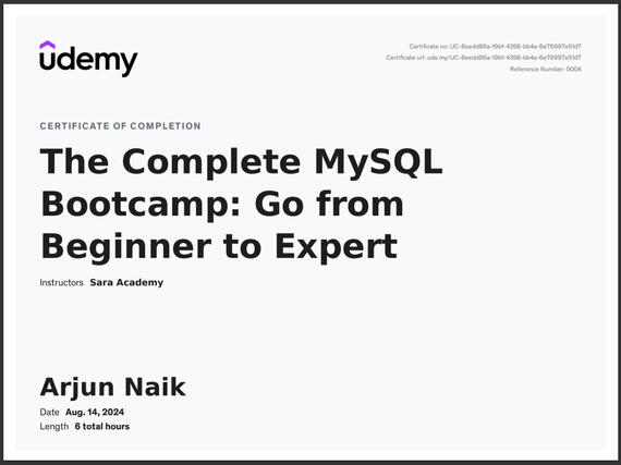Advance Sql certificate by Udemy