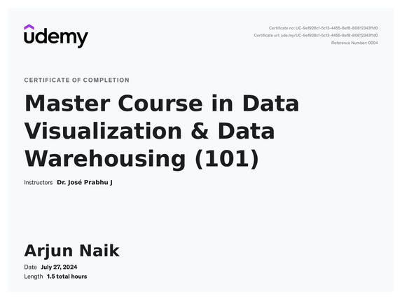 Data Visualization & Warehousing Certificate by Udemy